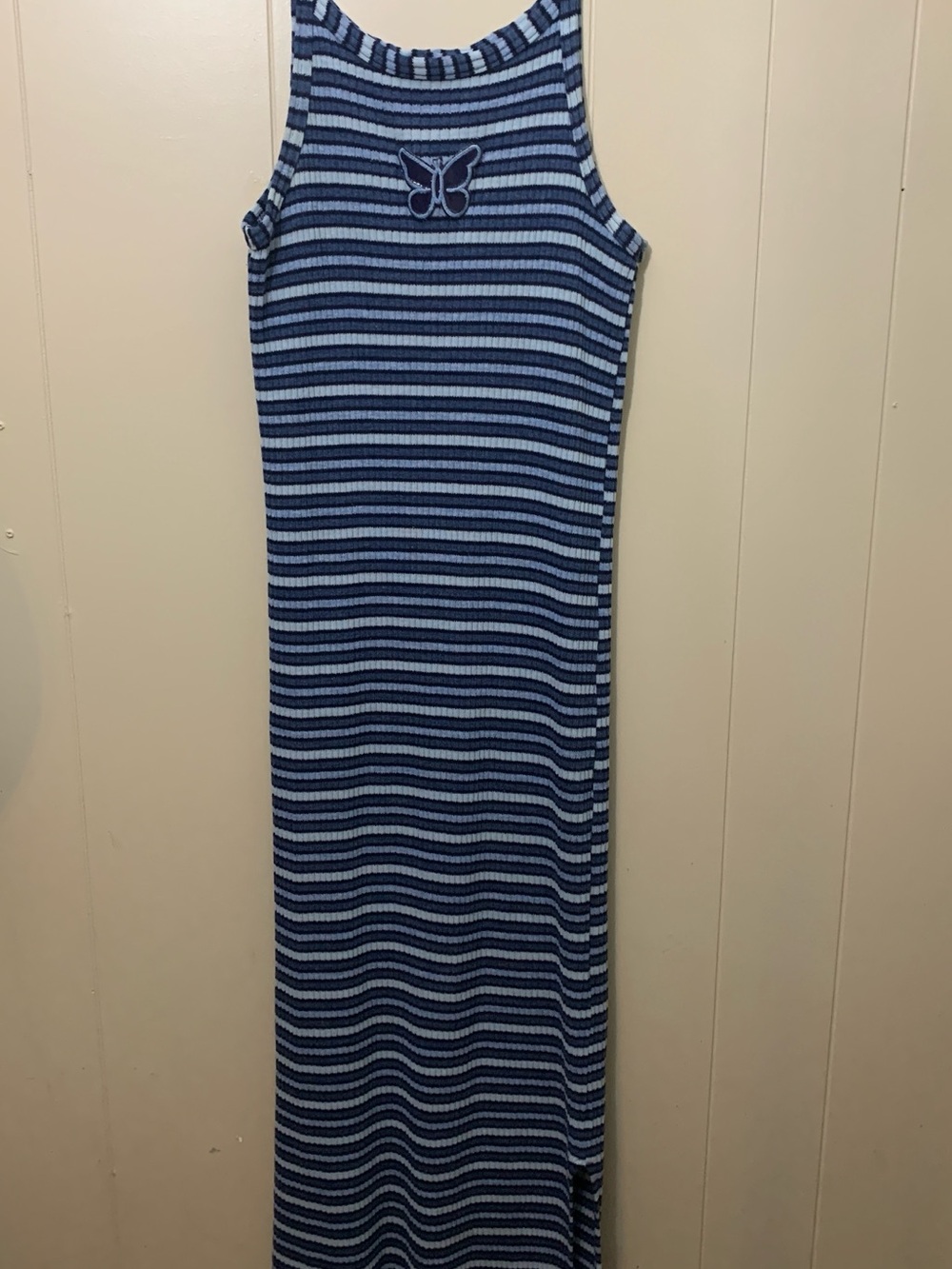 Women’s Striped Ribbed Maxi Dress with Butterfly Applique - Blue small